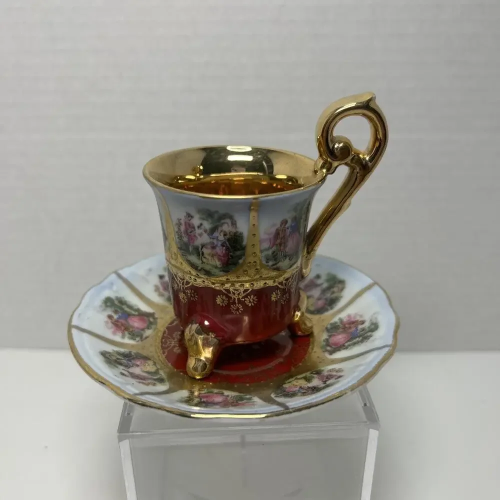 VTG Gold Love Story Courting Couple Demitasse Footed Tea Cup Red Porcelain